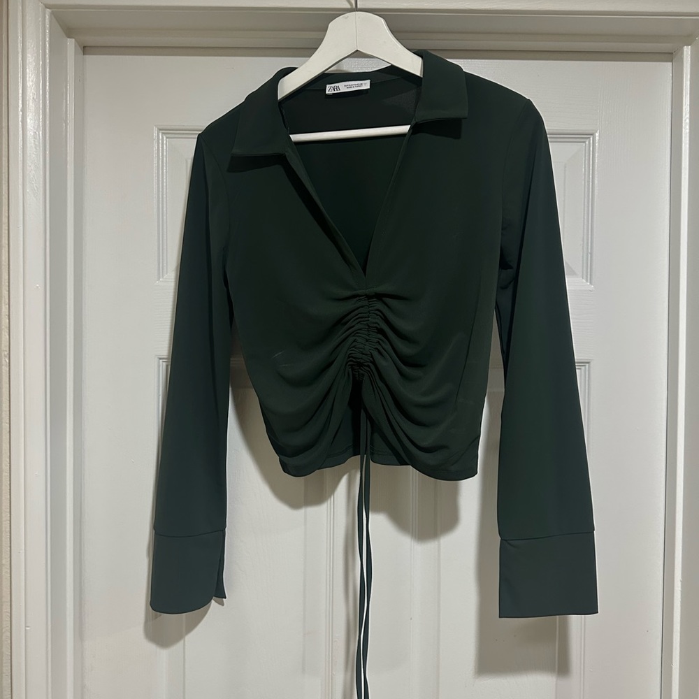 Zara hunter green ruched, adjustable blouse